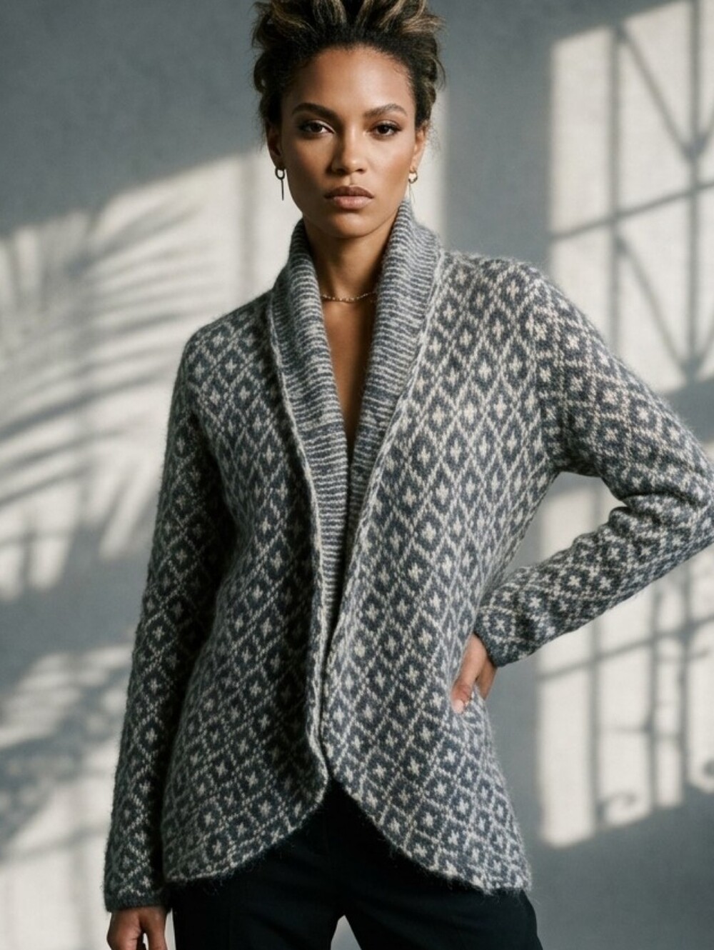 Wooden Ships Paola Buendia Mohair Wool Geometric Knit Open Front Cardigan S/M